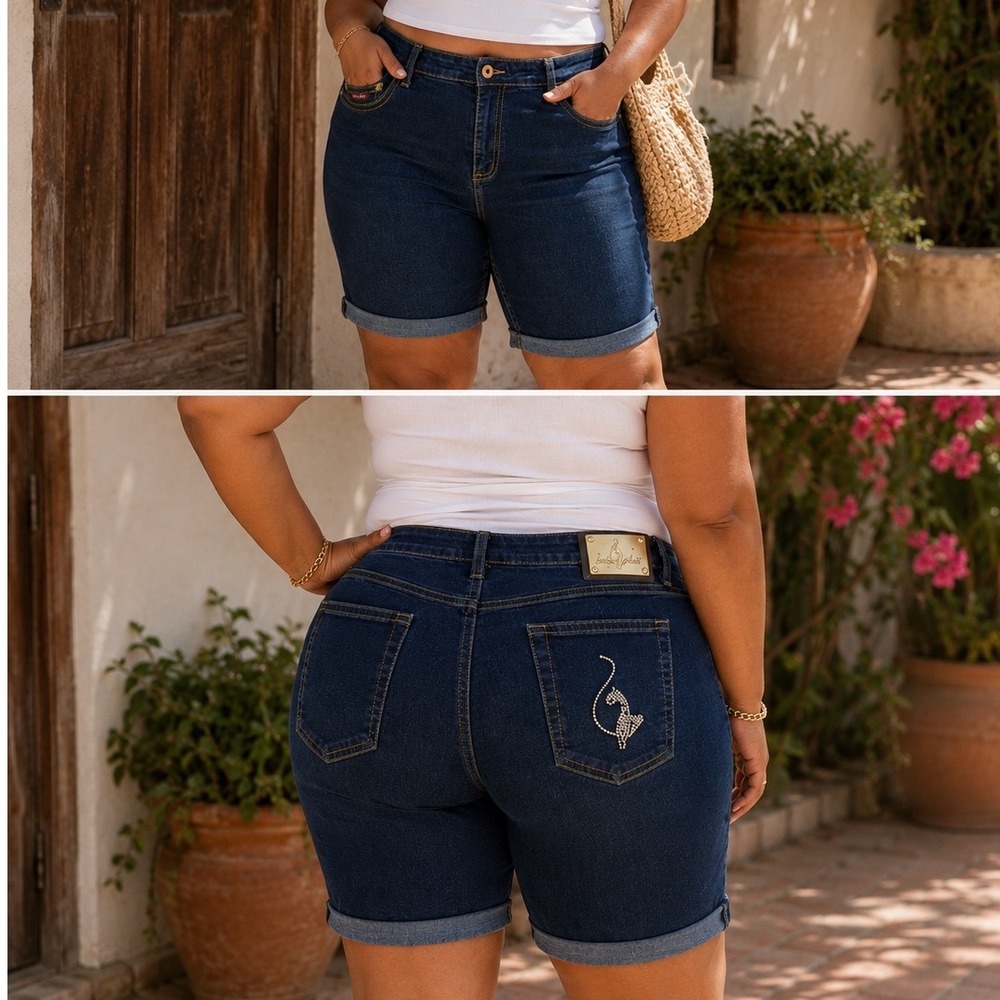 Vintage Baby Phat Rhinestone Logo Denim Bermuda Shorts Womens 18 Blue Dark Wash